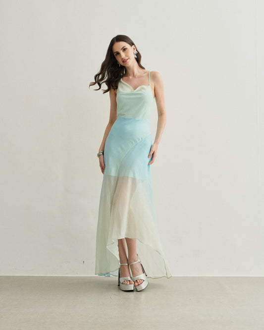 VESTIDO LONGO DECOTE DEGAGÊ AZUL