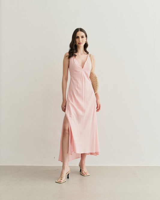 VESTIDO LONGO COM FENDAS LATERAIS ROSA CLARO