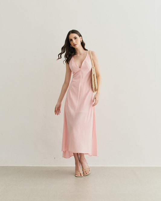 VESTIDO LONGO COM FENDAS LATERAIS ROSA CLARO