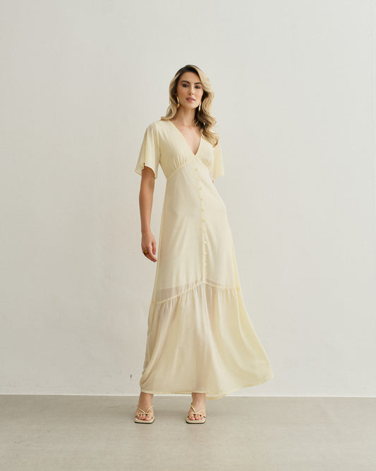 VESTIDO LONGO DETALHES BOTÃO AMARELO
