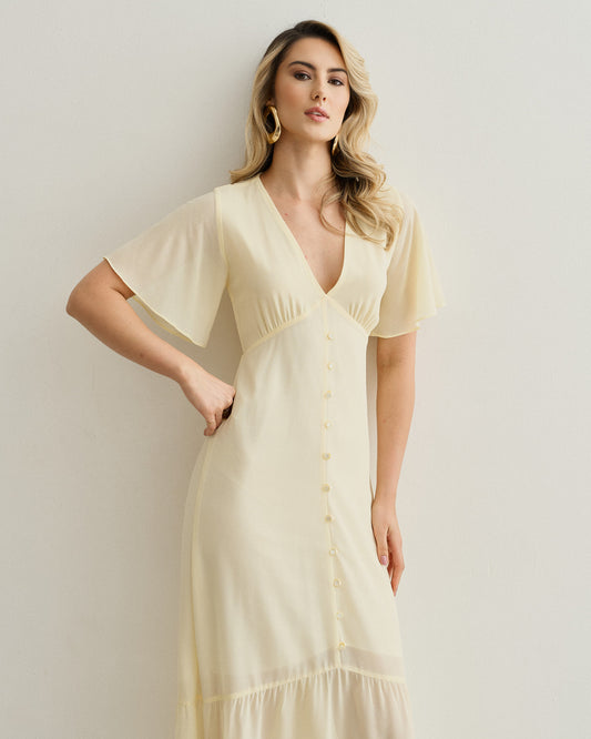 VESTIDO LONGO DETALHES BOTÃO AMARELO