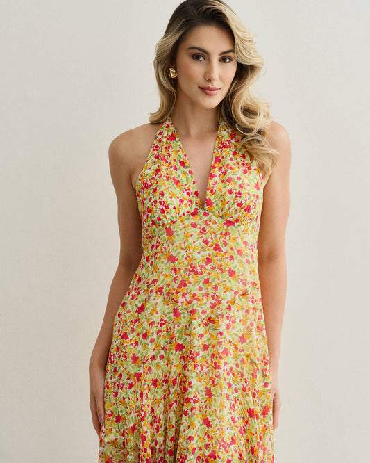 VESTIDO FLORIDO COM RECORTES OFF WHITE COM LARANJA