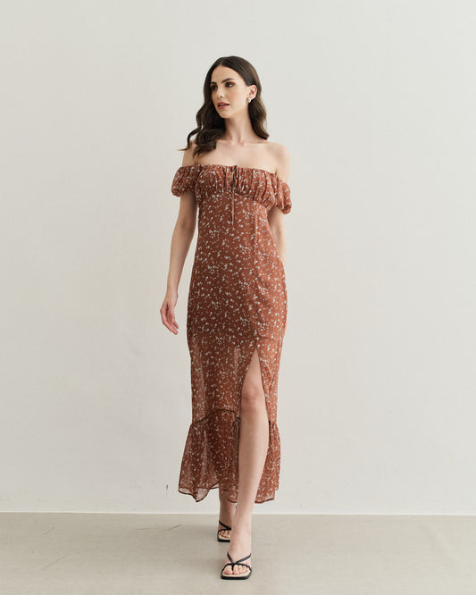 VESTIDO LONGO COM FRANZIDO MARROM