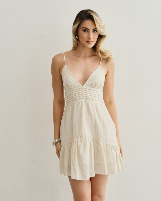 VESTIDO DECOTE V PALA NERVURA OFF WHITE