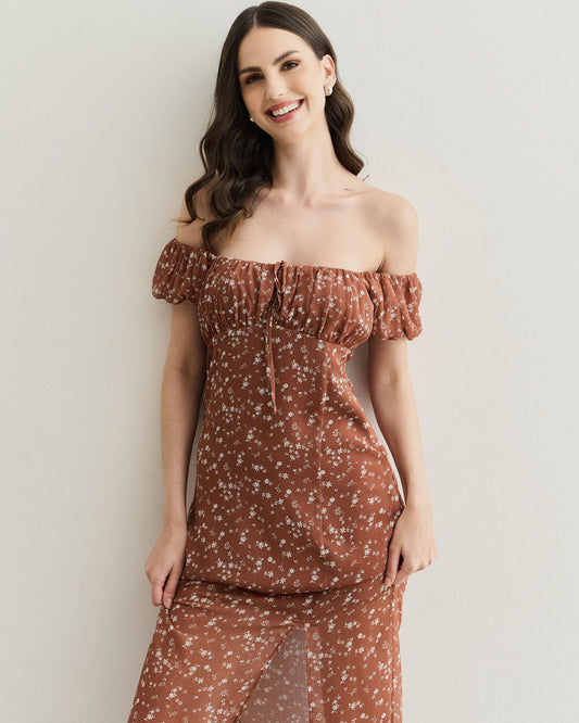 VESTIDO LONGO COM FRANZIDO MARROM