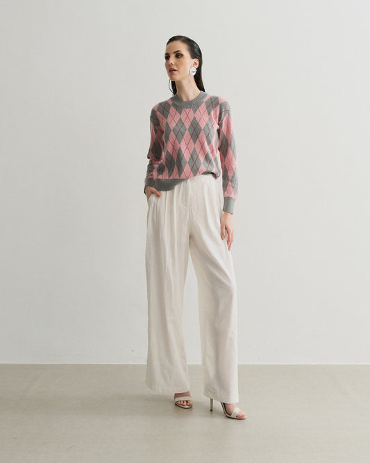SUÉTER DE TRICOT XADREZ ARGYLE CINZA/ROSA/VERMELHO