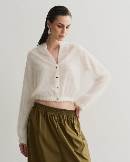 BLUSA CARDIGAN COM PELINHOS OFF WHITE