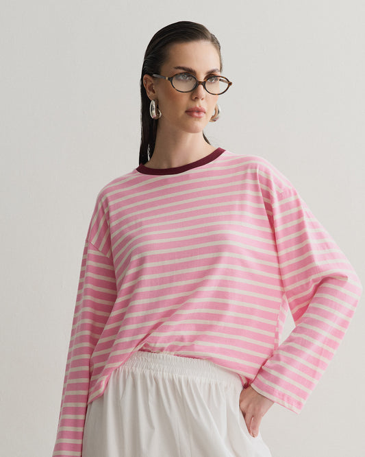 CAMISETA MANGA LONGA LISTRADA ROSA
