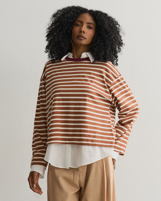 CAMISETA MANGA LONGA LISTRADA MARROM