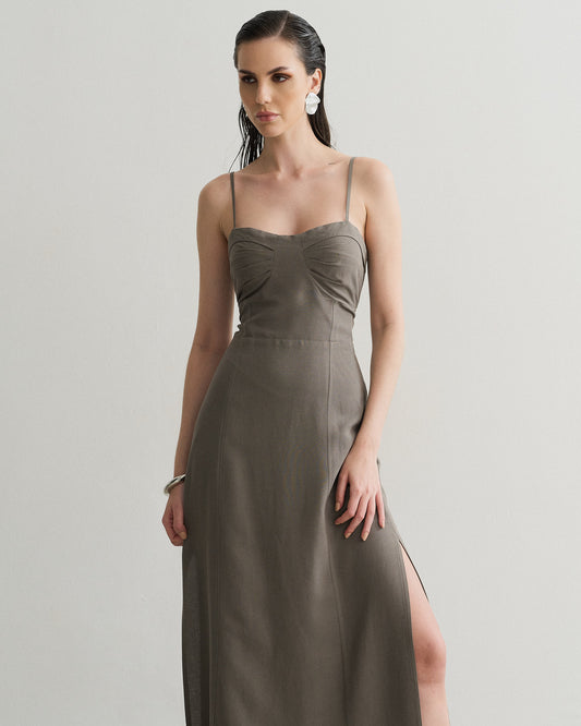 VESTIDO BUSTO ESTRUTURADO COM FENDA LATERAL ASFALTO (CINZA)