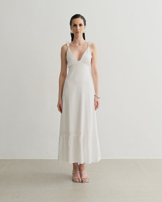 VESTIDO LONGO TEXTURA DETALHE NA ALÇA OFF WHITE
