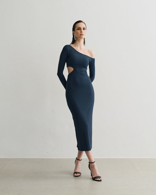 VESTIDO MIDI MANGA LONGA RECORTE ASSIMÉTRICO AZUL MARINHO
