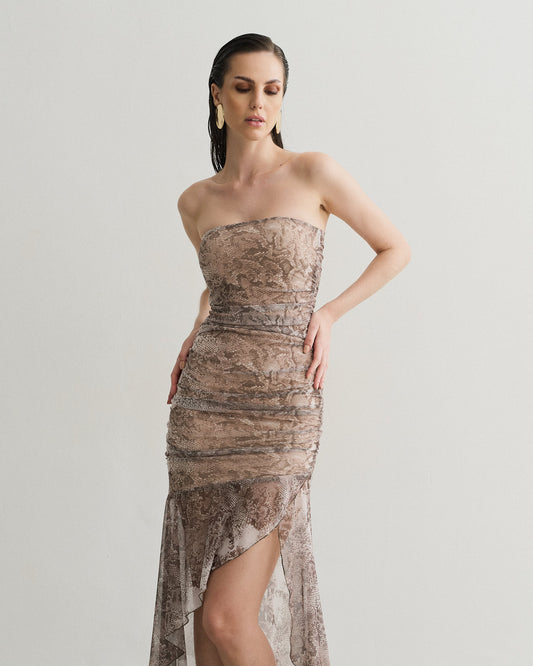 VESTIDO TOMARA QUE CAIA MIDI ESTAMPADO COBRA