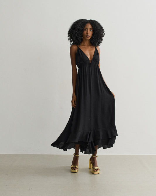 VESTIDO MIDI COM BABADOS NA BARRA PRETO