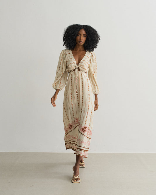 VESTIDO MIDI SAIA ASSIMÉTRICA COM RECORTE BEGE/ ROSA/ MARROM