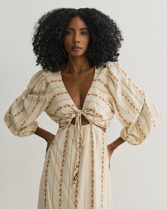 VESTIDO MIDI SAIA ASSIMÉTRICA COM RECORTE BEGE/ ROSA/ MARROM