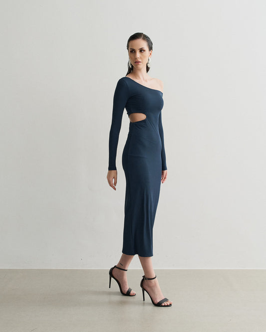 VESTIDO MIDI MANGA LONGA RECORTE ASSIMÉTRICO AZUL MARINHO