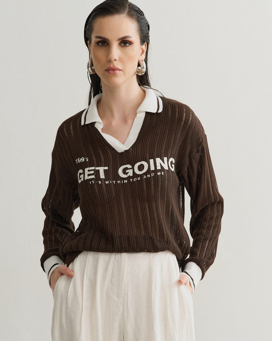 BLUSA POLO TRICOT MARROM/OFF