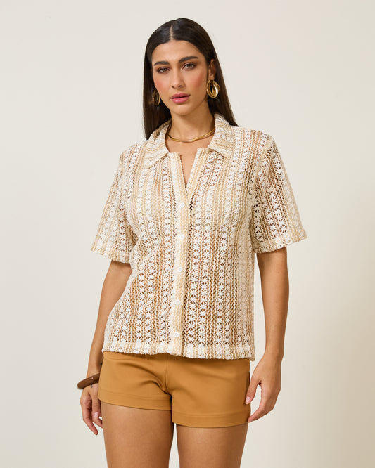 Camisa Macramê Manga Curta AREIA