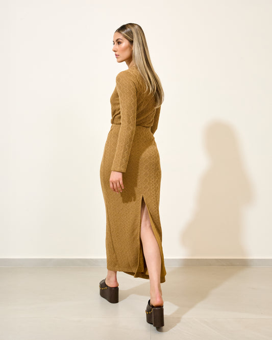 Saia Midi Tricot com Fenda CARAMELO
