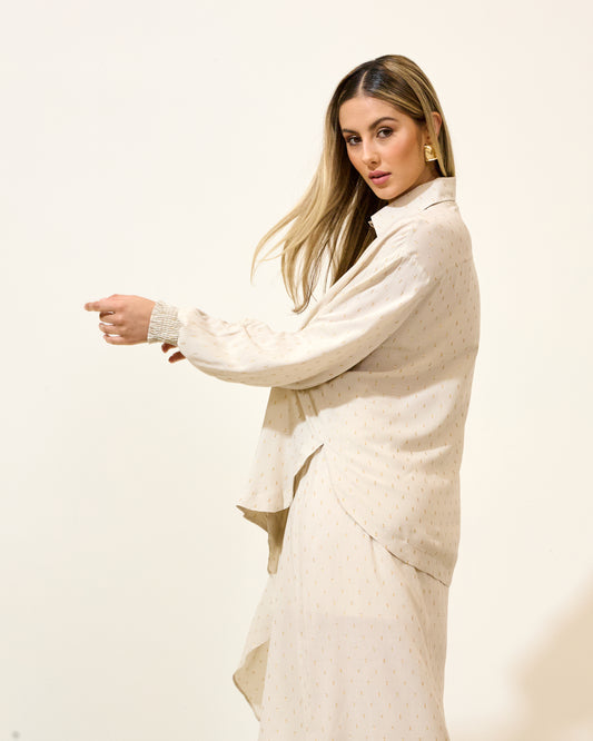 Camisa Fluida Estampa Dourada BEGE