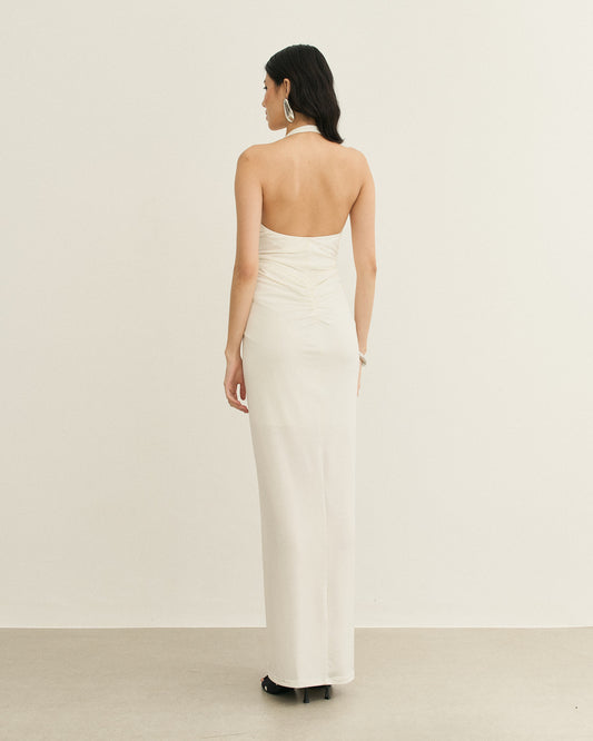 VESTIDO LONGO FRENTE U COM ARGOLA OFF WHITE