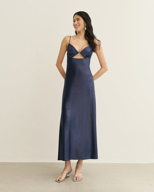 VESTIDO MIDI BUSTO VAZADO AMARRAÇÃO COSTAS AZUL
