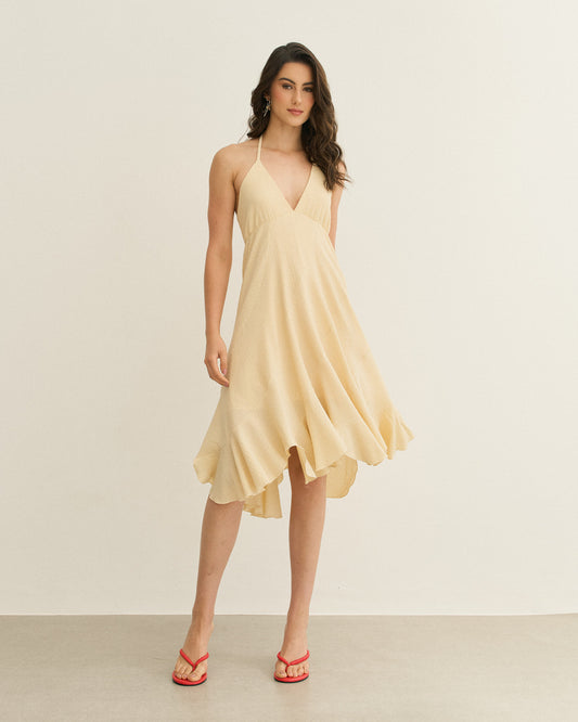 VESTIDO CURTO FRENTE U RECORTES E BABADOS AMARELO