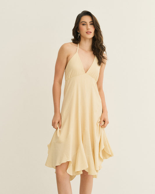 VESTIDO CURTO FRENTE U RECORTES E BABADOS AMARELO