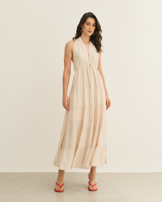 VESTIDO LONGO FRENTE ÚNICA MARIAS AVEIA (BEGE)