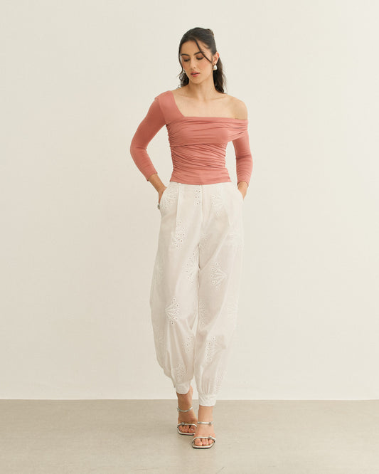 BLUSA MANGA LONGA DECOTE ASSIMÉTRICO ROSA QUEIMADO