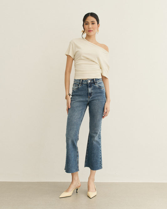 CALÇA FLARE CROPPED JEANS AZUL