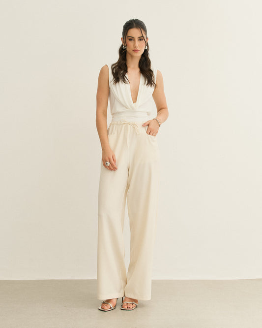 CALÇA PANTALONA CÓS AMARRAÇÃO CREME