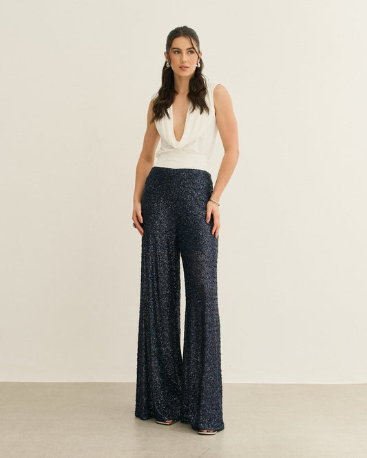 CALÇA PANTALONA DE PAETÊ AZUL