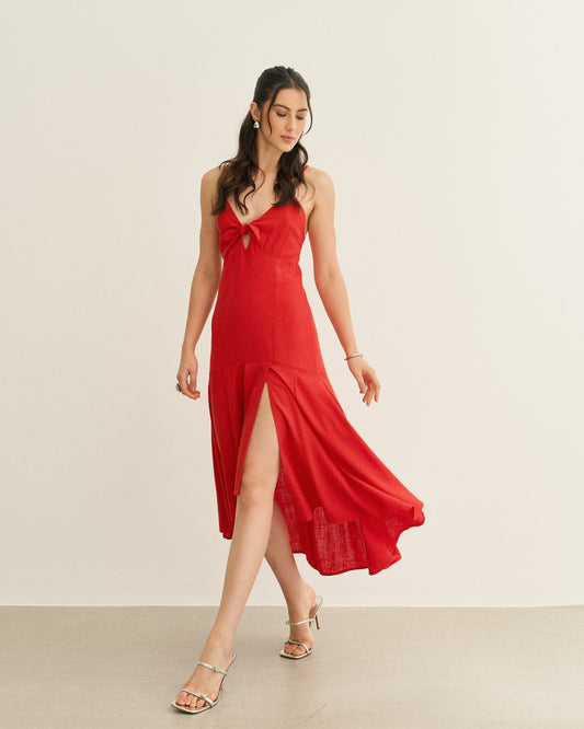 VESTIDO COM AMARRAÇÃO BARRA ASSIMÉTRICA VERMELHO RADIANTE