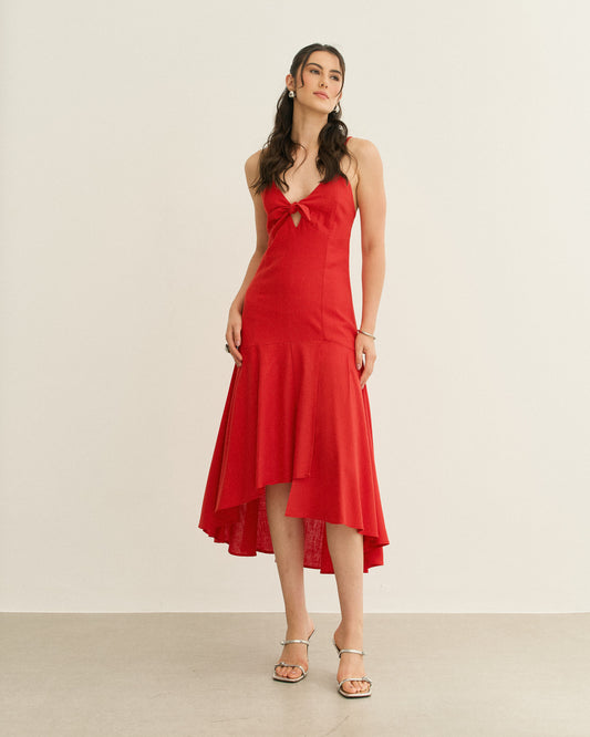 VESTIDO COM AMARRAÇÃO BARRA ASSIMÉTRICA VERMELHO RADIANTE