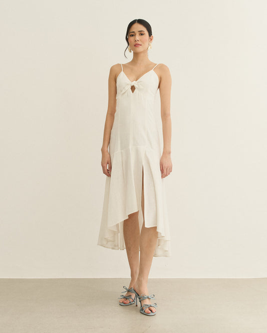 VESTIDO COM AMARRAÇÃO BARRA ASSIMÉTRICA OFF WHITE