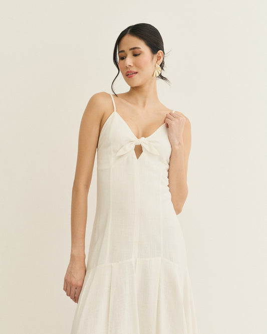 VESTIDO COM AMARRAÇÃO BARRA ASSIMÉTRICA OFF WHITE