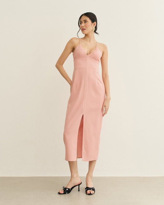 VESTIDO BUSTO FRANZIDO AMARRAÇÃO COSTAS ROSA