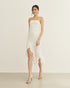 VESTIDO MIDI SEM ALÇAS BABADO ASSIMÉTRICO OFF WHITE