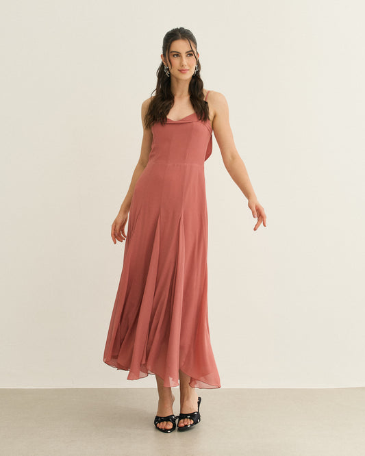 VESTIDO MIDI RECORTES COM DETALHE COSTAS CASTANHEIRA (TERRA)