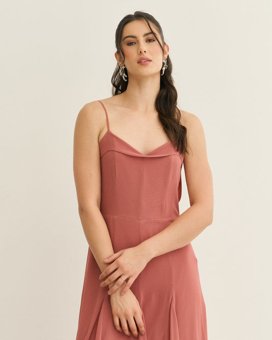 VESTIDO MIDI RECORTES COM DETALHE COSTAS CASTANHEIRA (TERRA)