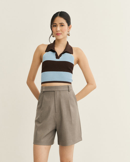 REGATA FRENTE U LISTRA TRICOT MARROM/AZUL