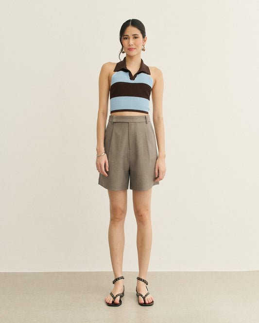 REGATA FRENTE U LISTRA TRICOT MARROM/AZUL