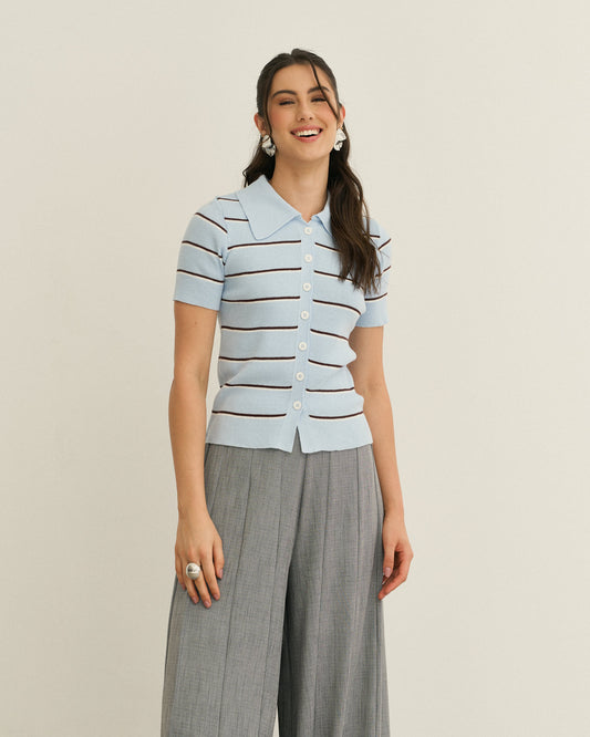 BLUSA POLO TRICOT MANGA CURTA LISTRADA AZUL/MARROM/OFF