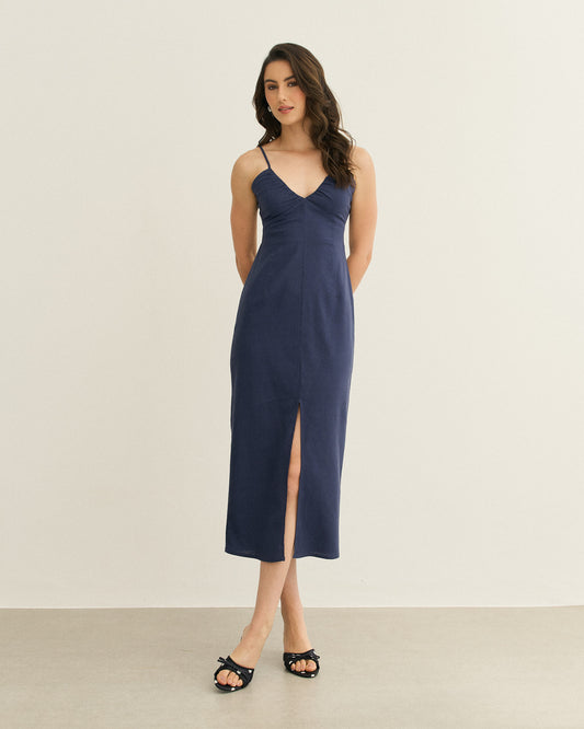 VESTIDO BUSTO FRANZIDO AMARRAÇÃO COSTAS AZUL