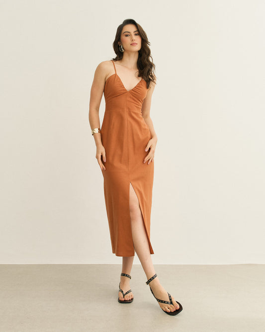VESTIDO BUSTO FRANZIDO AMARRAÇÃO COSTAS MARROM