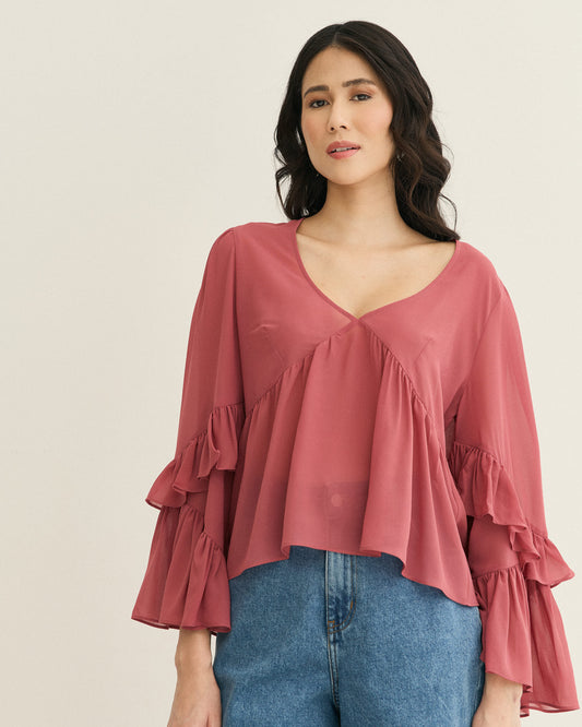 BLUSA MANGA BABADOS ROSA QUEIMADO