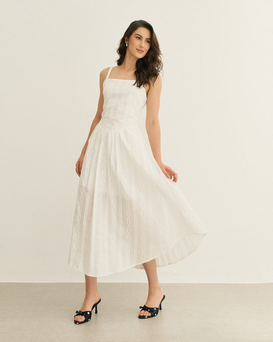 VESTIDO MIDI BORDADO RECORTE BASQUE OFF WHITE