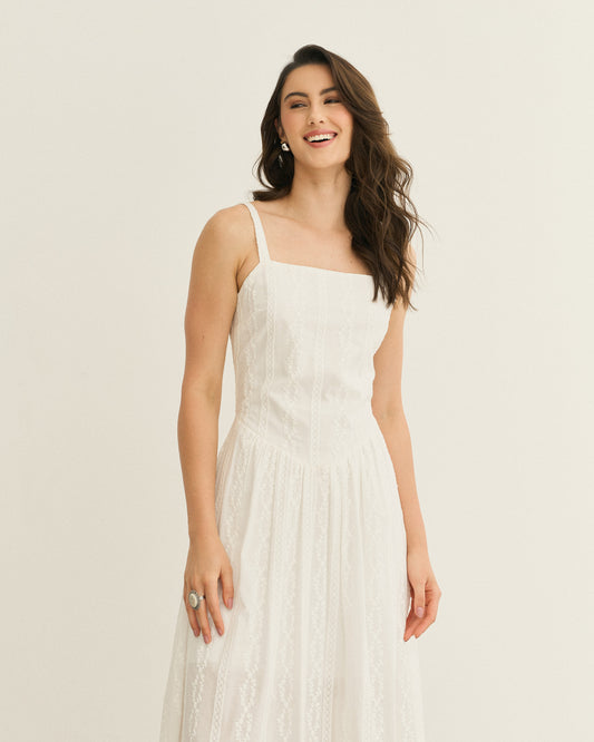 VESTIDO MIDI BORDADO RECORTE BASQUE OFF WHITE